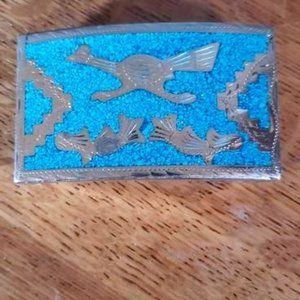 Vintage Mexican Sterling Silver Roadrunner Belt Buckle with crushed turquoise!